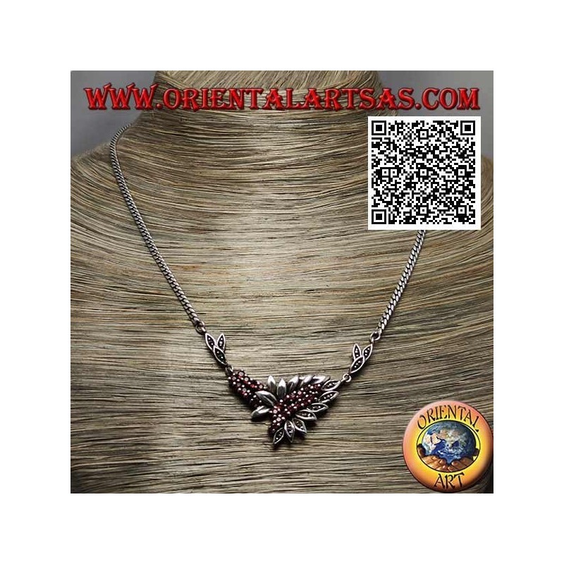 Collana in argento 925 ‰ girocollo a catena con 21 granati tondi naturali e foglie con marcassite