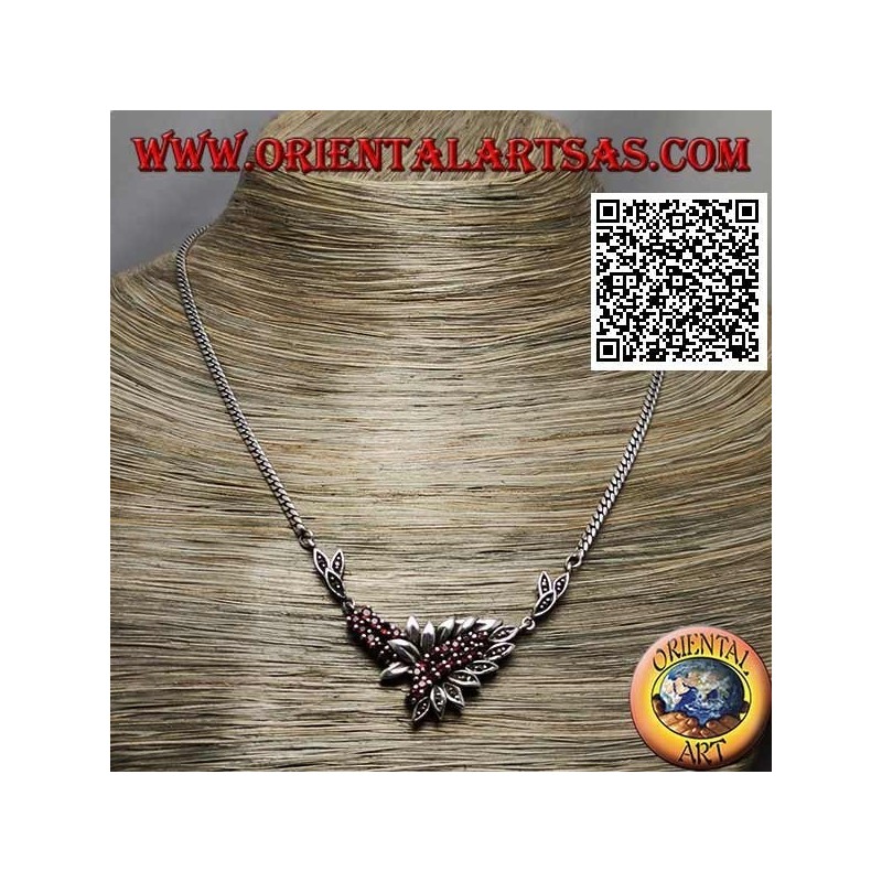 Collana in argento 925 ‰ girocollo a catena con 21 granati tondi naturali e foglie con marcassite