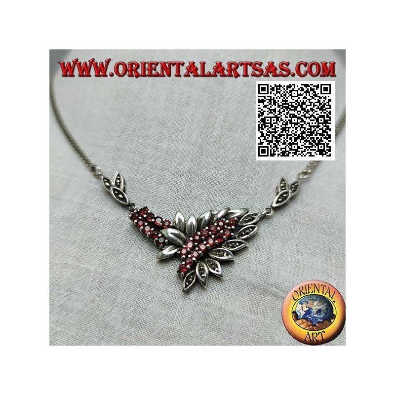 925 ‰ Silver necklace choker chain with 21 natural round garnets and leaves with marcasite