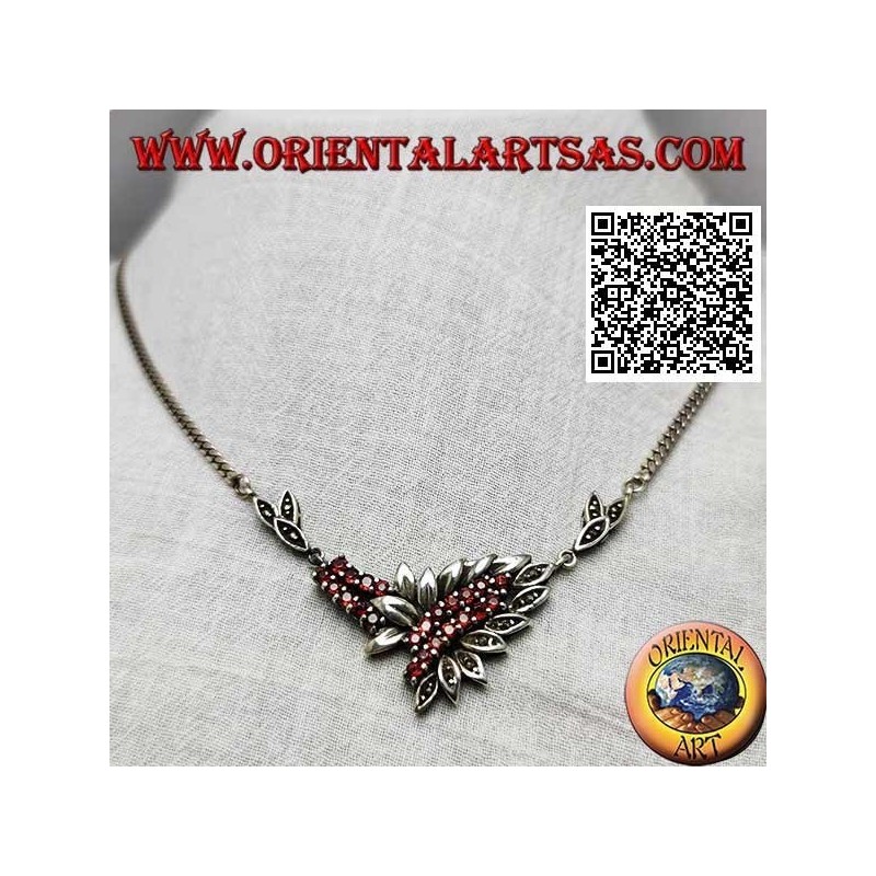 Collana in argento 925 ‰ girocollo a catena con 21 granati tondi naturali e foglie con marcassite