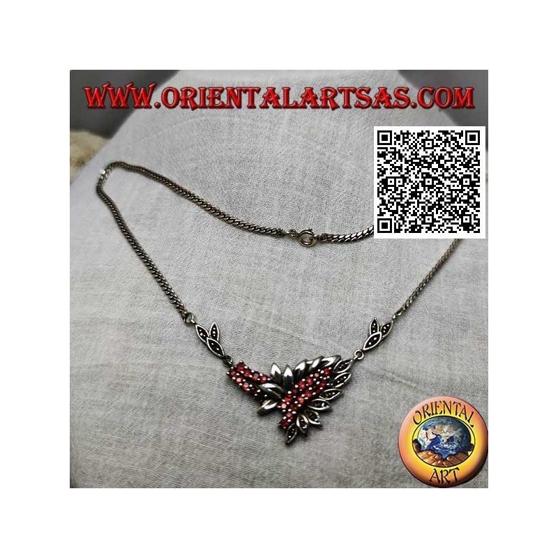 925 ‰ Silver necklace choker chain with 21 natural round garnets and leaves with marcasite