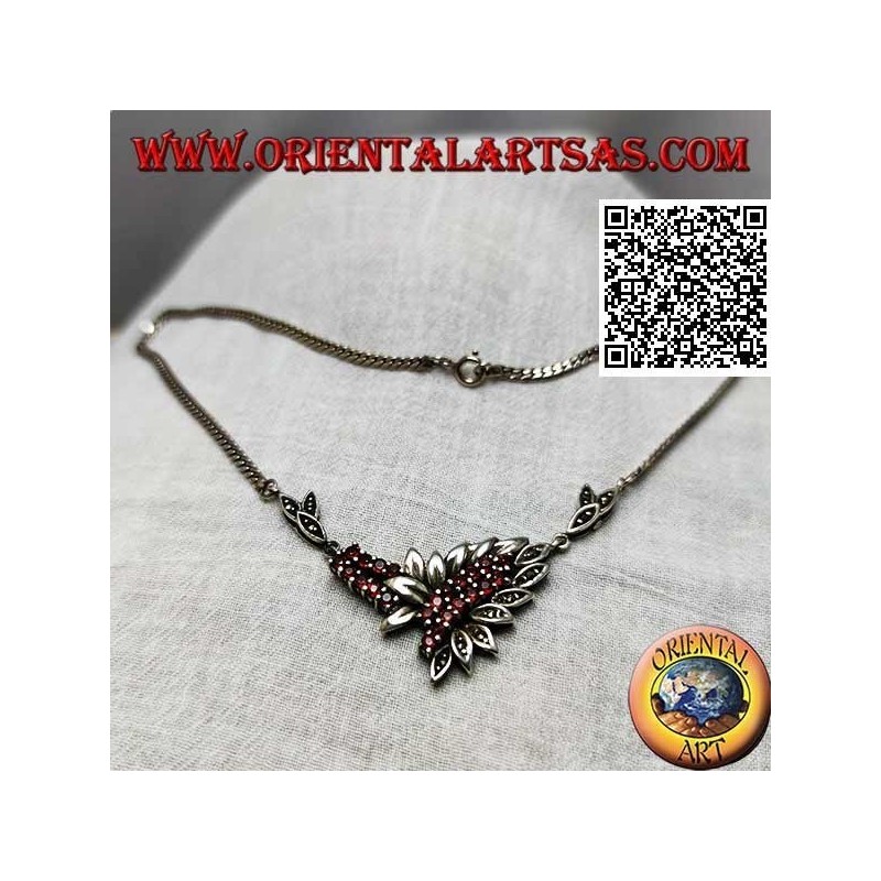 925 ‰ Silver necklace choker chain with 21 natural round garnets and leaves with marcasite