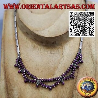 Collier ras de cou semi-rigide en argent Collana 925 avec double rang de rubis ronds naturels et marcassite