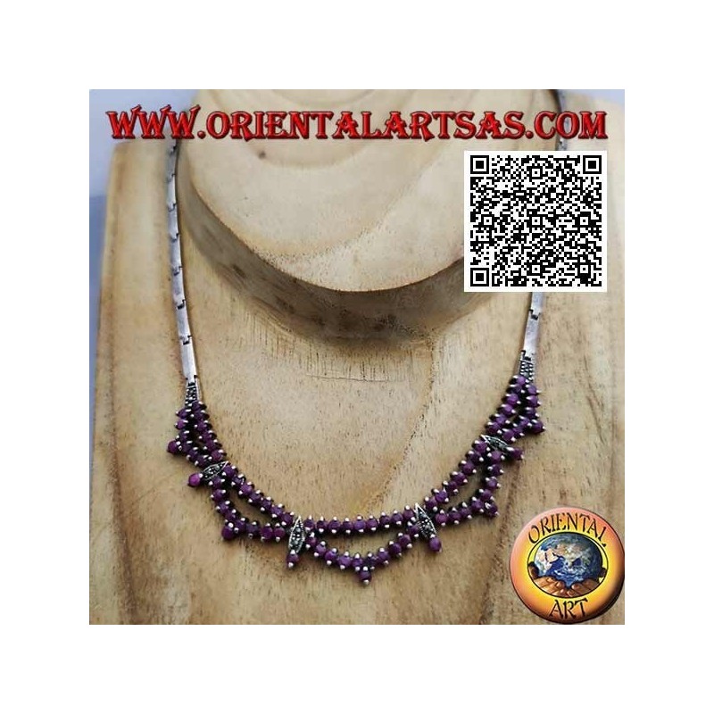 Collana in argento 925 ‰ girocollo semirigida con doppia fila di rubini tondi naturali e marcassite