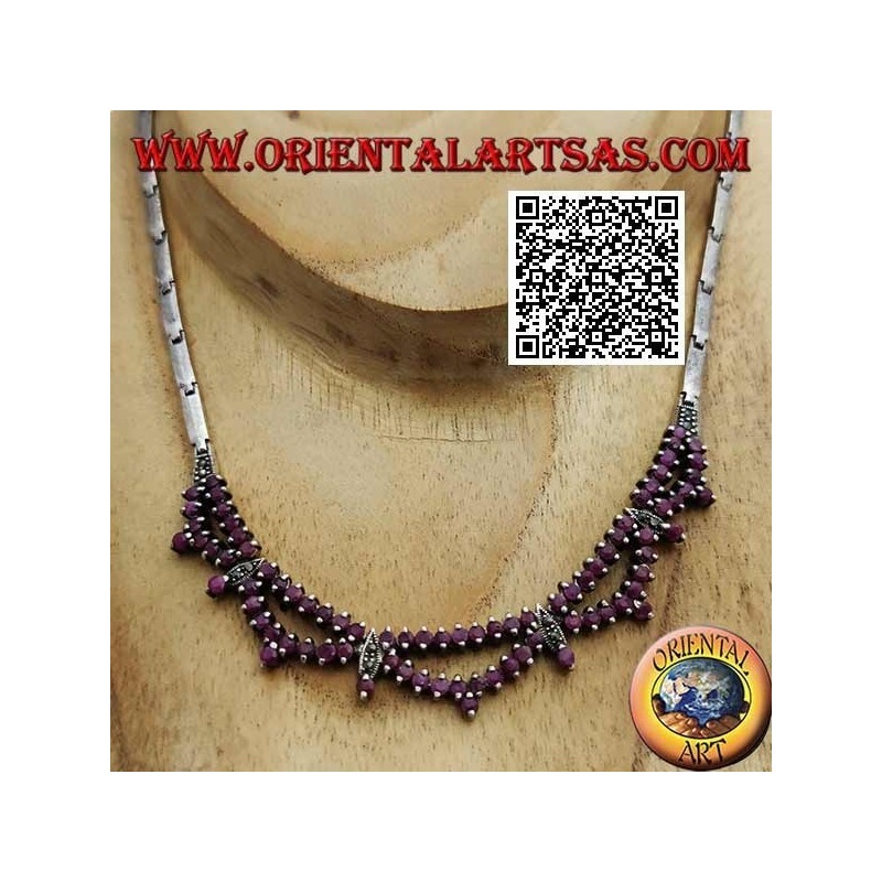 Collar en gargantilla semirrígida de plata Collana 925 con doble hilera de rubíes redondos naturales y marcasita
