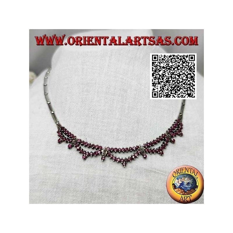 Collier ras de cou semi-rigide en argent Collana 925 avec double rang de rubis ronds naturels et marcassite