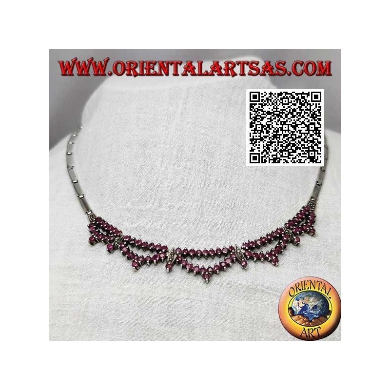 Collier ras de cou semi-rigide en argent Collana 925 avec double rang de rubis ronds naturels et marcassite