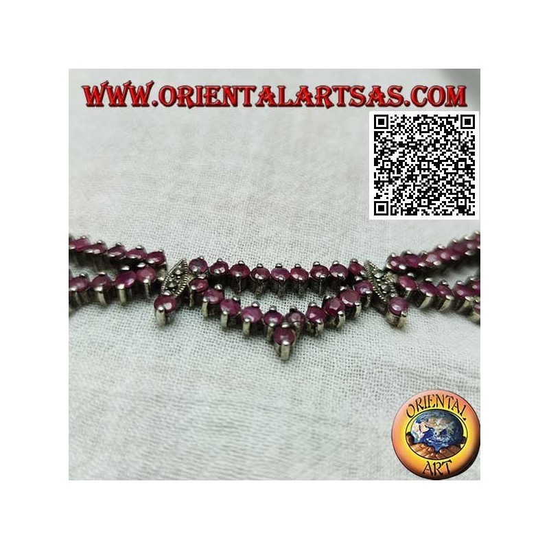 Collier ras de cou semi-rigide en argent Collana 925 avec double rang de rubis ronds naturels et marcassite