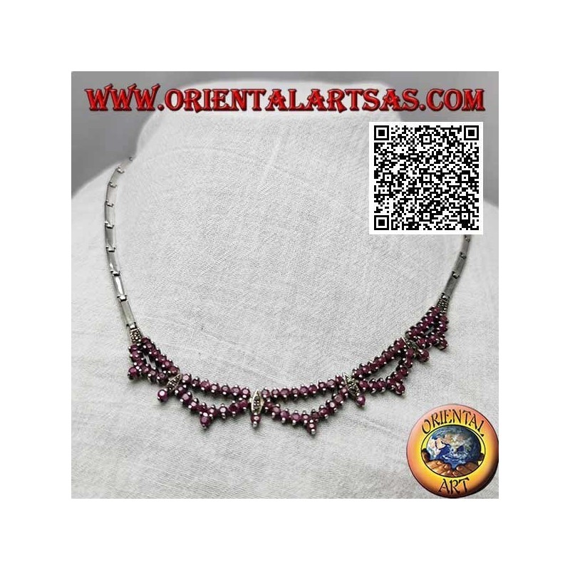 Necklace in 925 Collana silver semi-rigid choker with double row of natural and marcasite round rubies