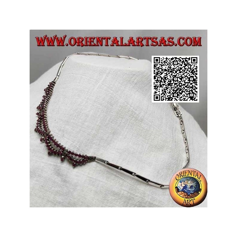 Collier ras de cou semi-rigide en argent Collana 925 avec double rang de rubis ronds naturels et marcassite