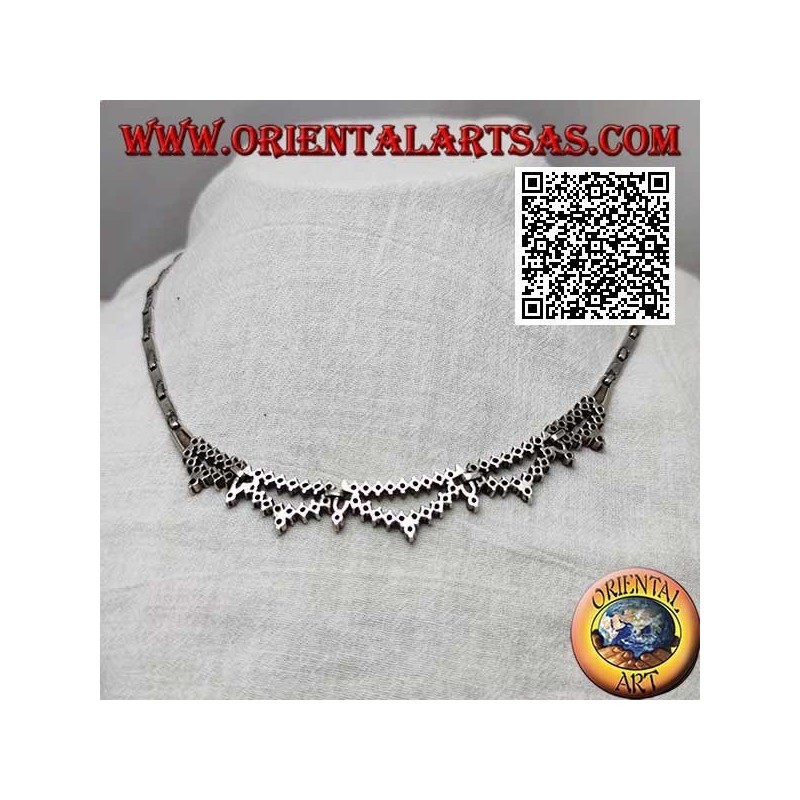 Necklace in 925 Collana silver semi-rigid choker with double row of natural and marcasite round rubies