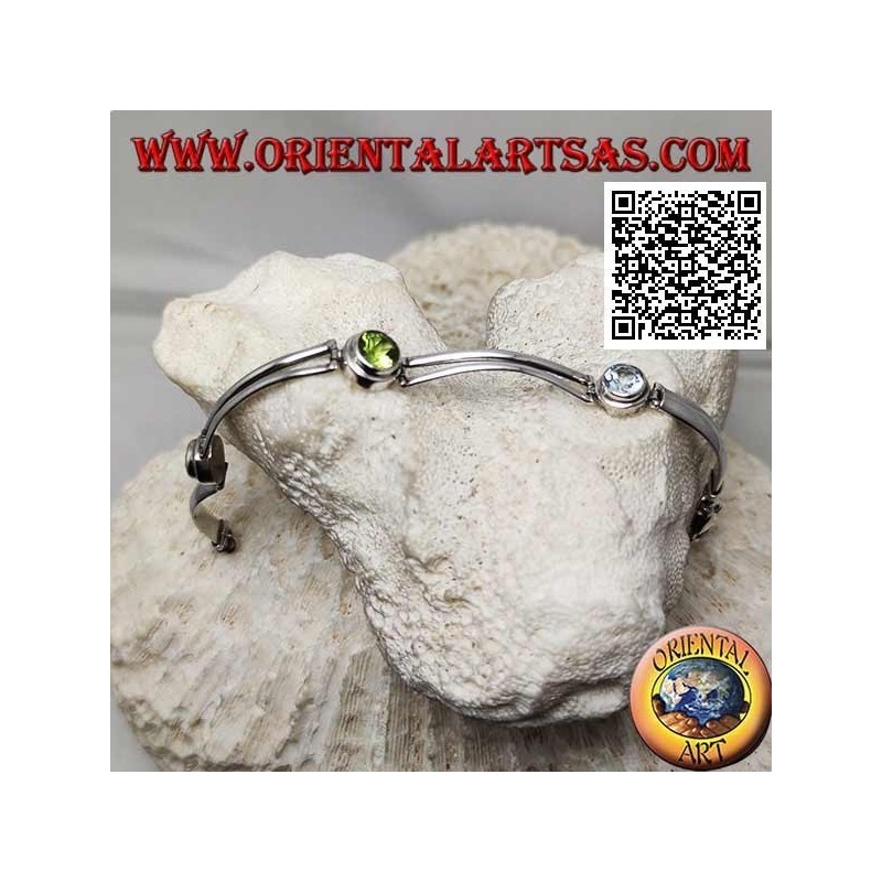 Bracciale in argento semirigido liscio con peridoto tra due acquamarina tondi