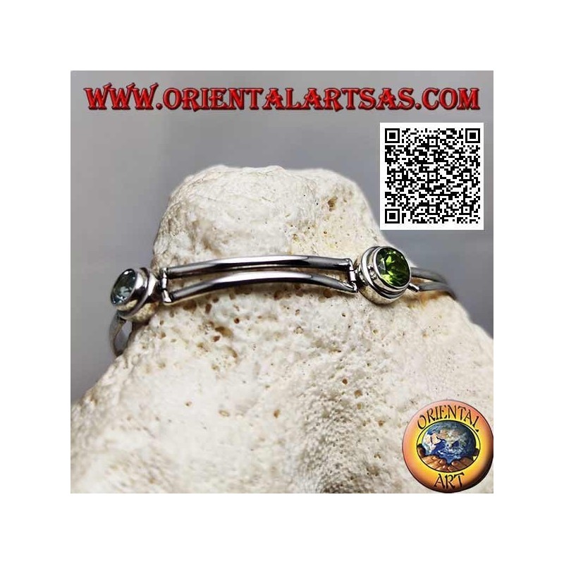 Bracciale in argento semirigido liscio con peridoto tra due acquamarina tondi