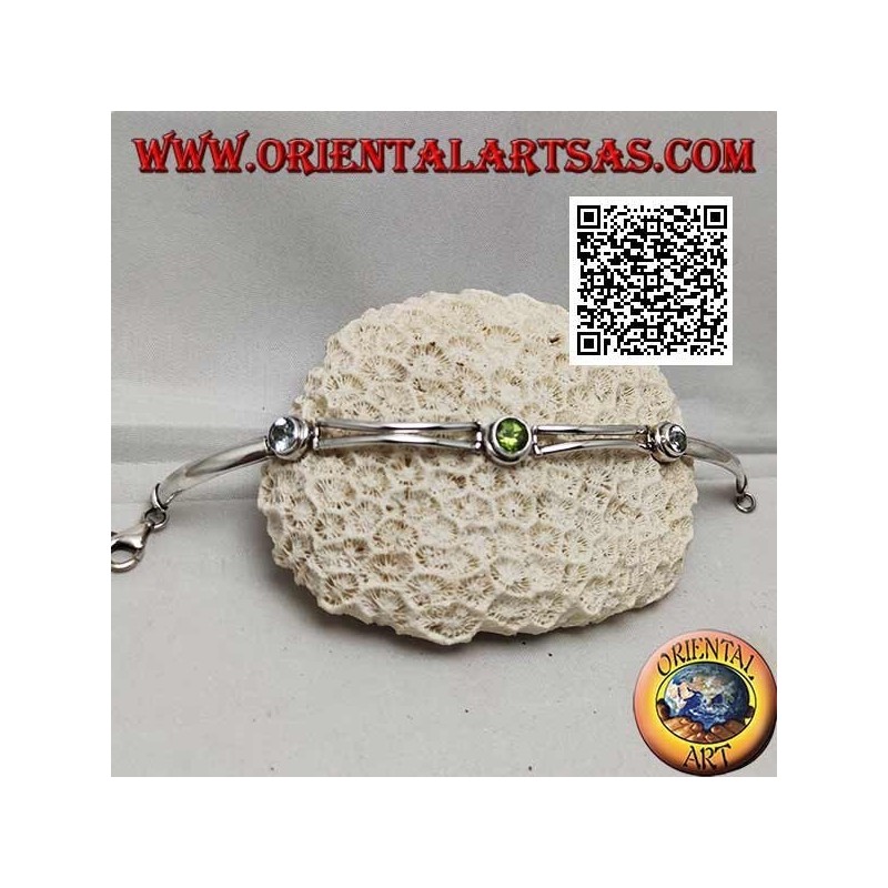 Glattes halbstarres Silberarmband mit Peridot zwischen zwei runden Aquamarinen