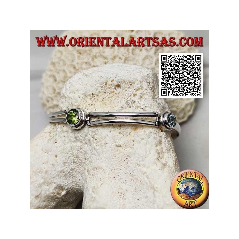 Smooth semi-rigid silver bracelet with peridot between two round aquamarines