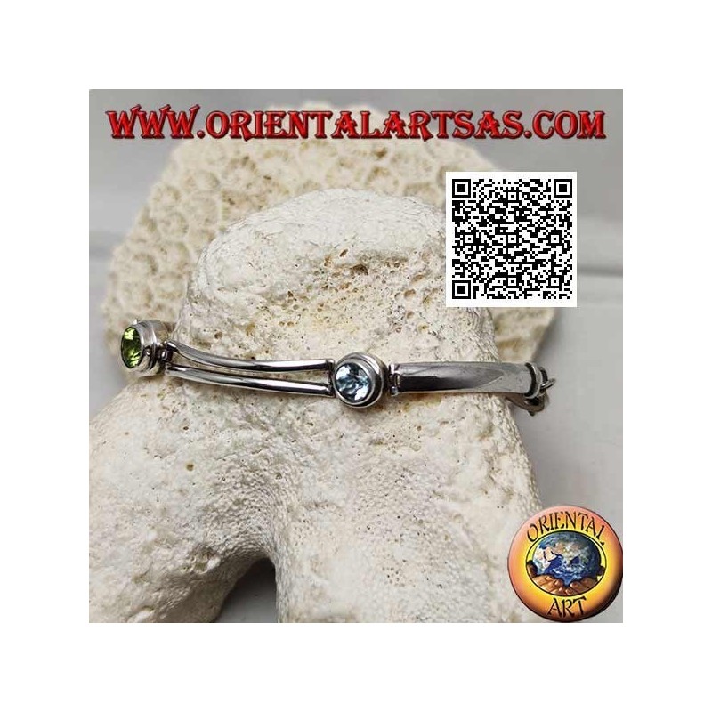 Smooth semi-rigid silver bracelet with peridot between two round aquamarines