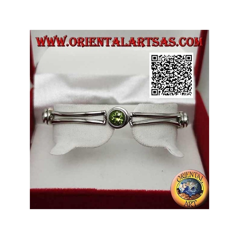 Bracciale in argento semirigido liscio con peridoto tra due acquamarina tondi
