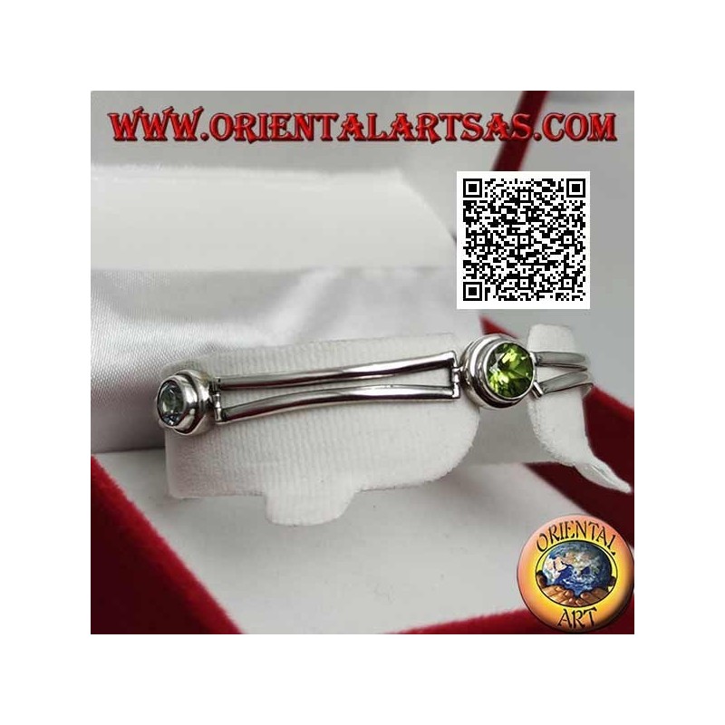 Pulsera de plata semirrígida lisa con peridoto entre dos aguamarinas redondas
