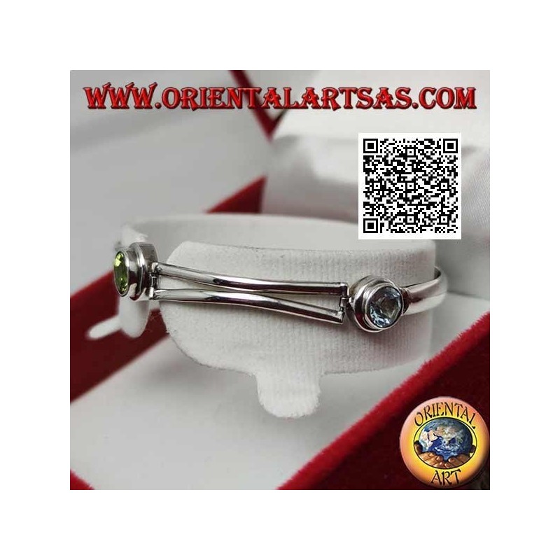 Glattes halbstarres Silberarmband mit Peridot zwischen zwei runden Aquamarinen