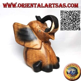 Handgemalte Skulptur eines Elefantenbabys mit Stamm oben, aus Teakholz (16 cm)