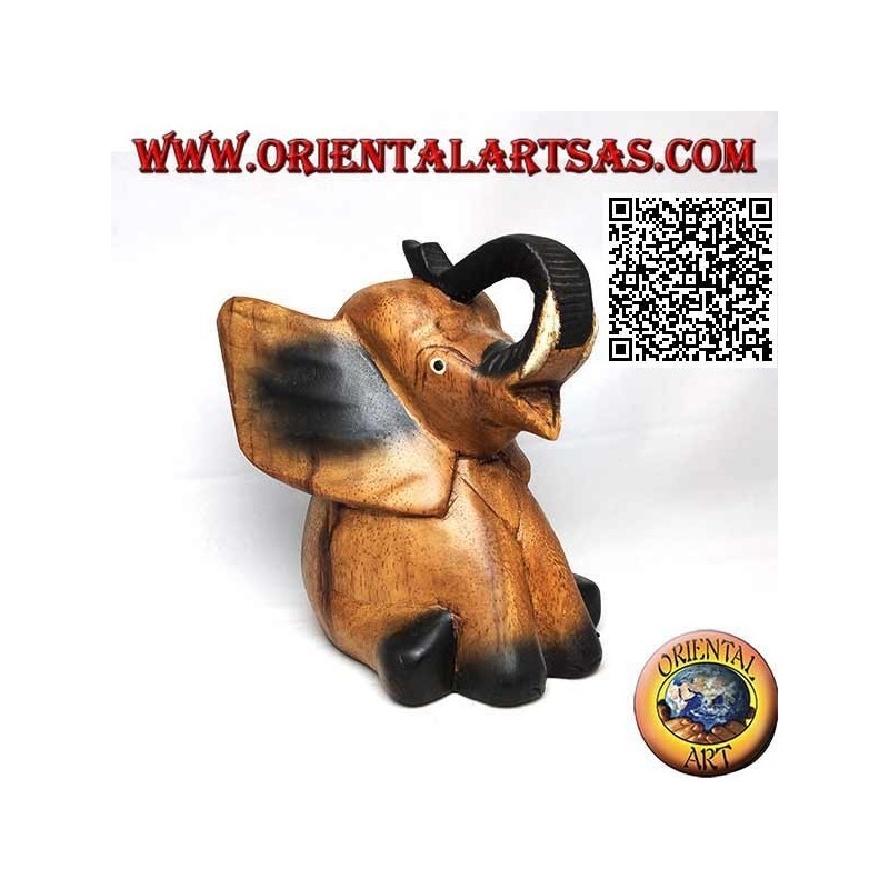 Hand painted sculpture of a baby elephant with trunk up, in teak wood (16 cm)
