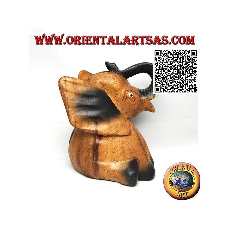 Sculpture peinte à la main d'un bébé éléphant avec trompe relevée, en bois de teck (16 cm)