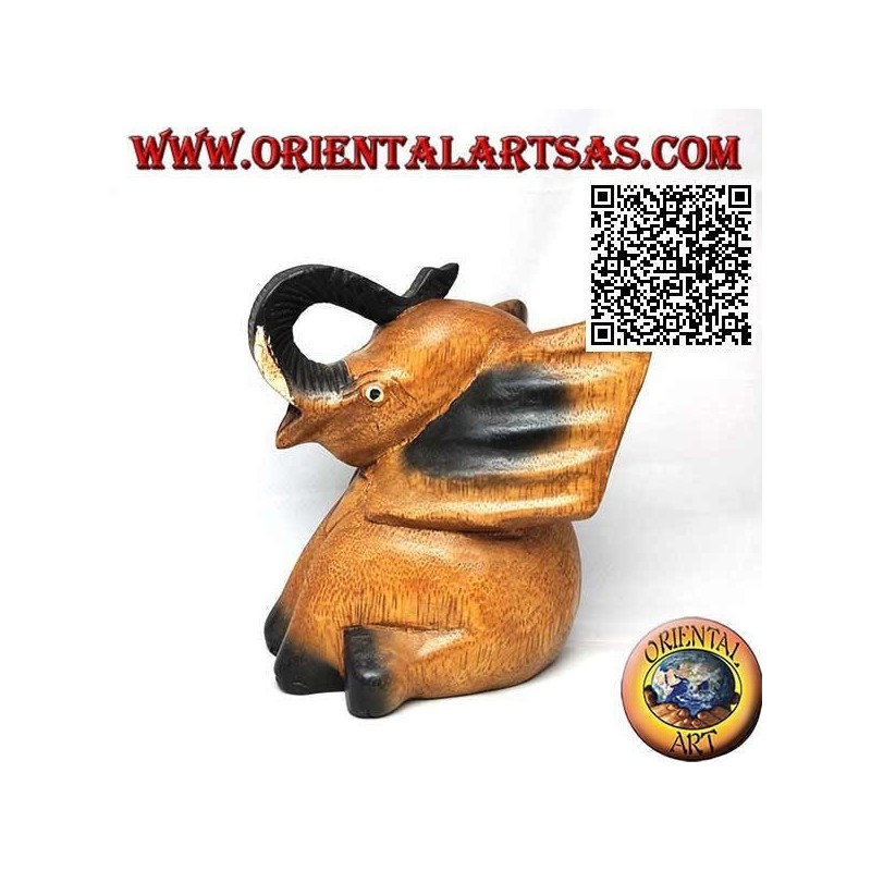 Scultura di un cucciolo di elefante con proboscide in su dipinto a mano, in legno di teak (16 cm)