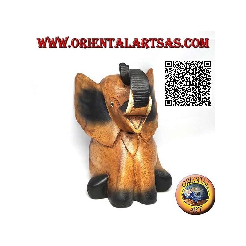 Handgemalte Skulptur eines Elefantenbabys mit Stamm oben, aus Teakholz (16 cm)