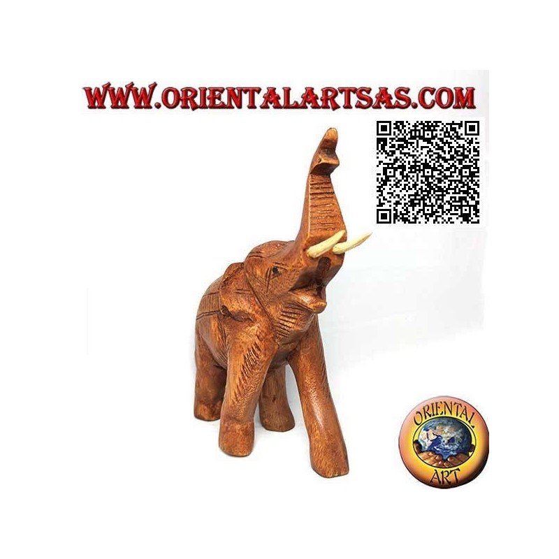 Sculpture of a Thai elephant with trunk up and protruding tusks, in teak wood (21cm)