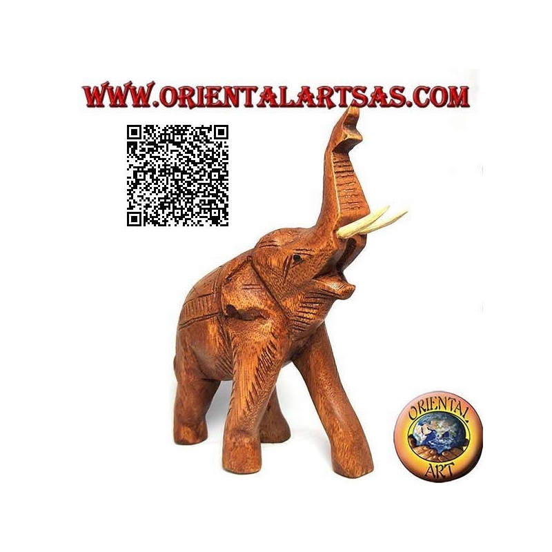 Escultura de elefante tailandés con trompa hacia arriba y colmillos salientes, en madera de teca (21cm)
