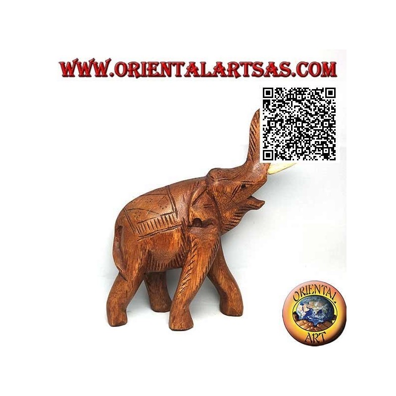 Escultura de elefante tailandés con trompa hacia arriba y colmillos salientes, en madera de teca (21cm)