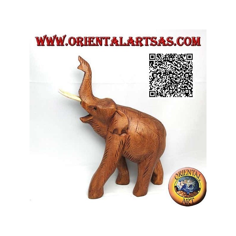 Escultura de elefante tailandés con trompa hacia arriba y colmillos salientes, en madera de teca (21cm)
