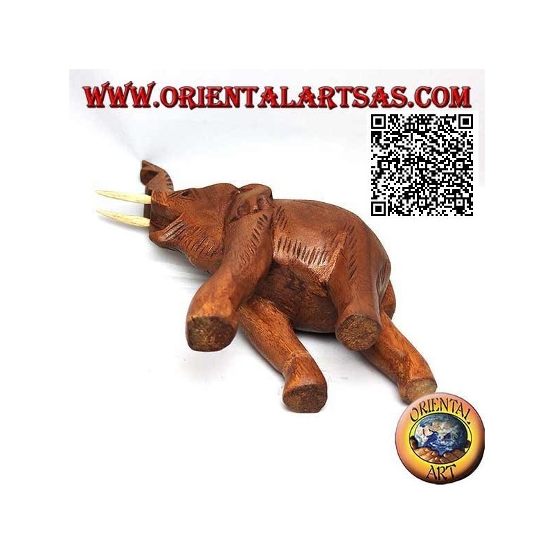 Scultura di un elefante tailandese con proboscide in su e zanne sporgenti, in legno di teak (21cm)