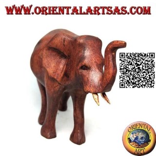 Escultura de elefante africano caminando con trompa hacia arriba, en madera de suar (12 cm)