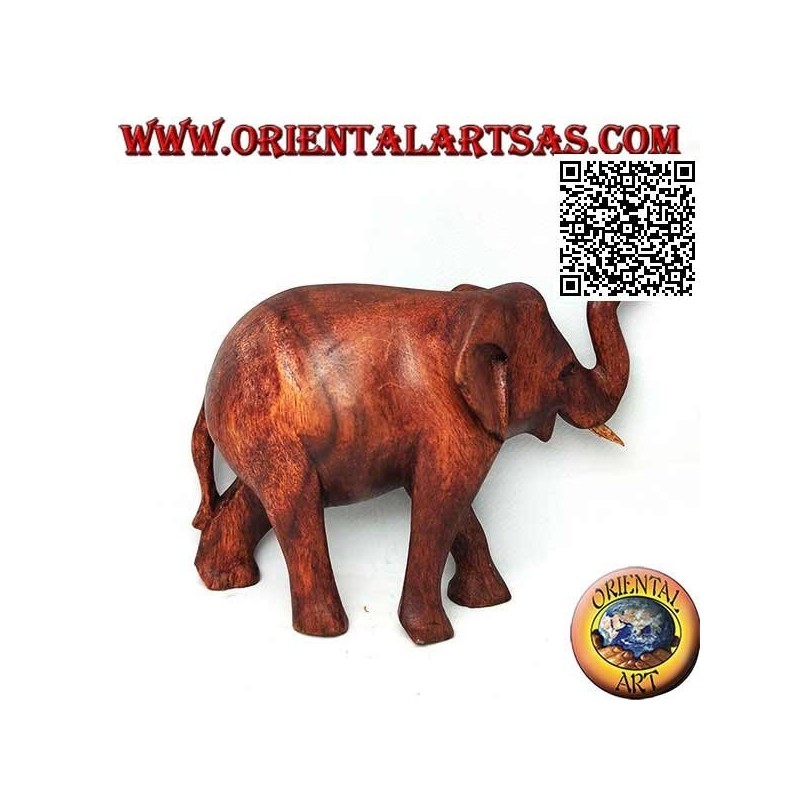 Scultura di un elefante africano in passeggiata con proboscide in su, in legno di suar (12 cm)