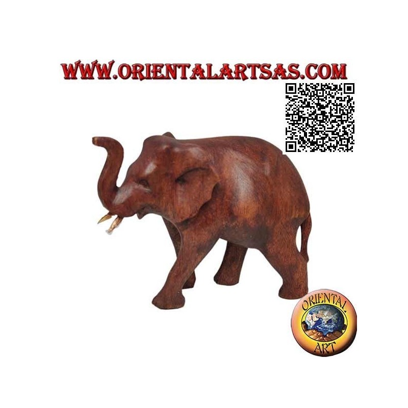 Escultura de elefante africano caminando con trompa hacia arriba, en madera de suar (12 cm)