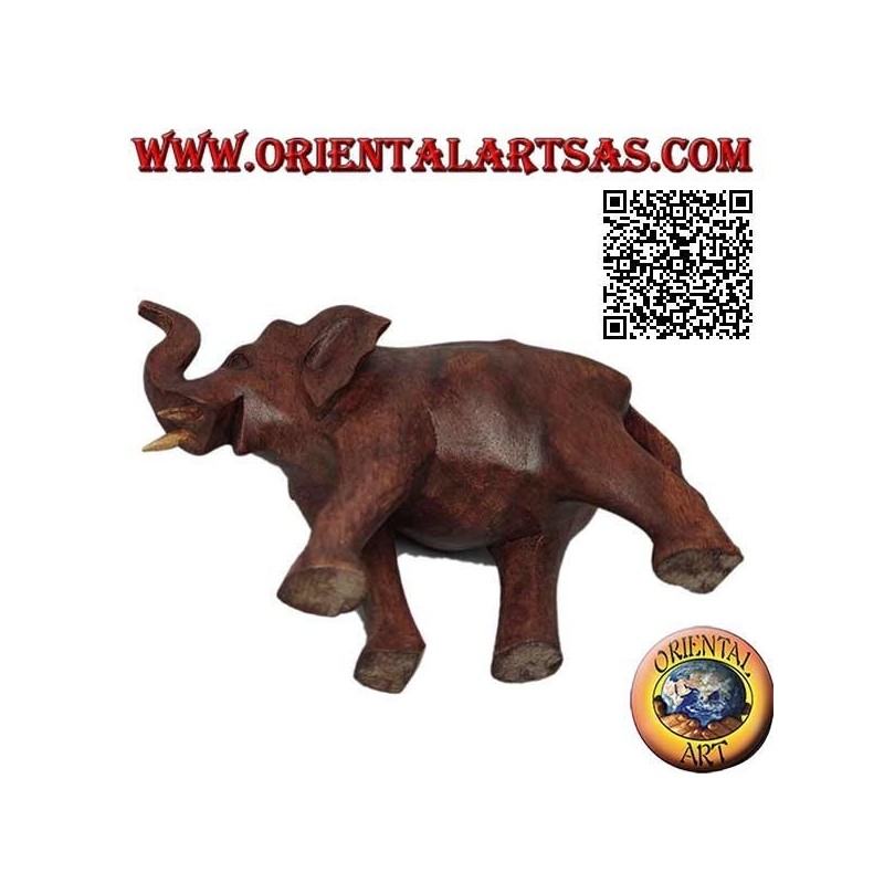 Scultura di un elefante africano in passeggiata con proboscide in su, in legno di suar (12 cm)