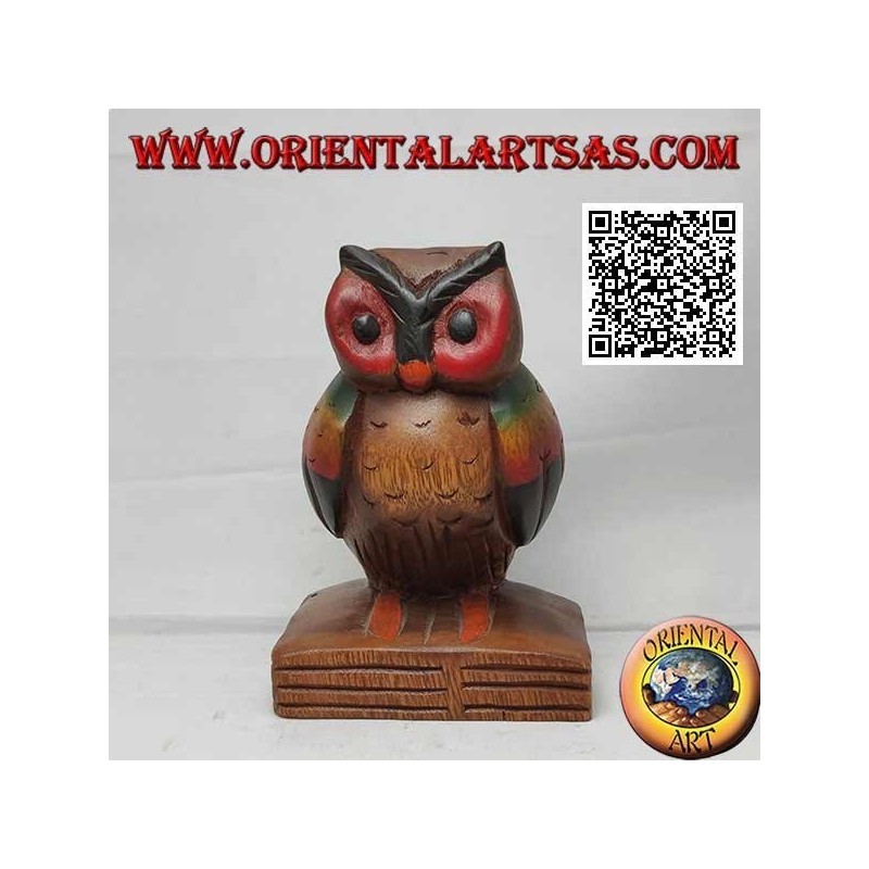 Scultura di un gufo (simbolo di saggezza) su un libro in legno di teak dipinto a mano da 16 cm
