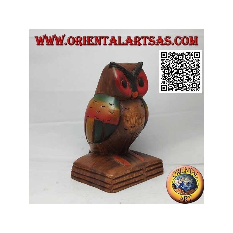 Escultura de un búho (símbolo de la sabiduría) sobre un libro de madera de teca de 16 cm pintado a mano