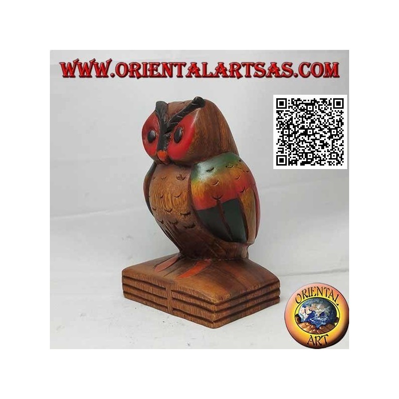 Sculpture of an owl (symbol of wisdom) on a 16 cm hand painted teak wood book