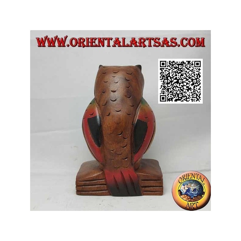 Scultura di un gufo (simbolo di saggezza) su un libro in legno di teak dipinto a mano da 16 cm