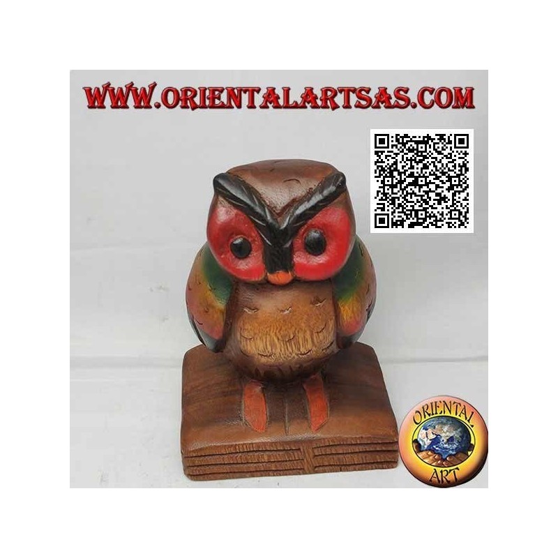 Sculpture of an owl (symbol of wisdom) on a 16 cm hand painted teak wood book