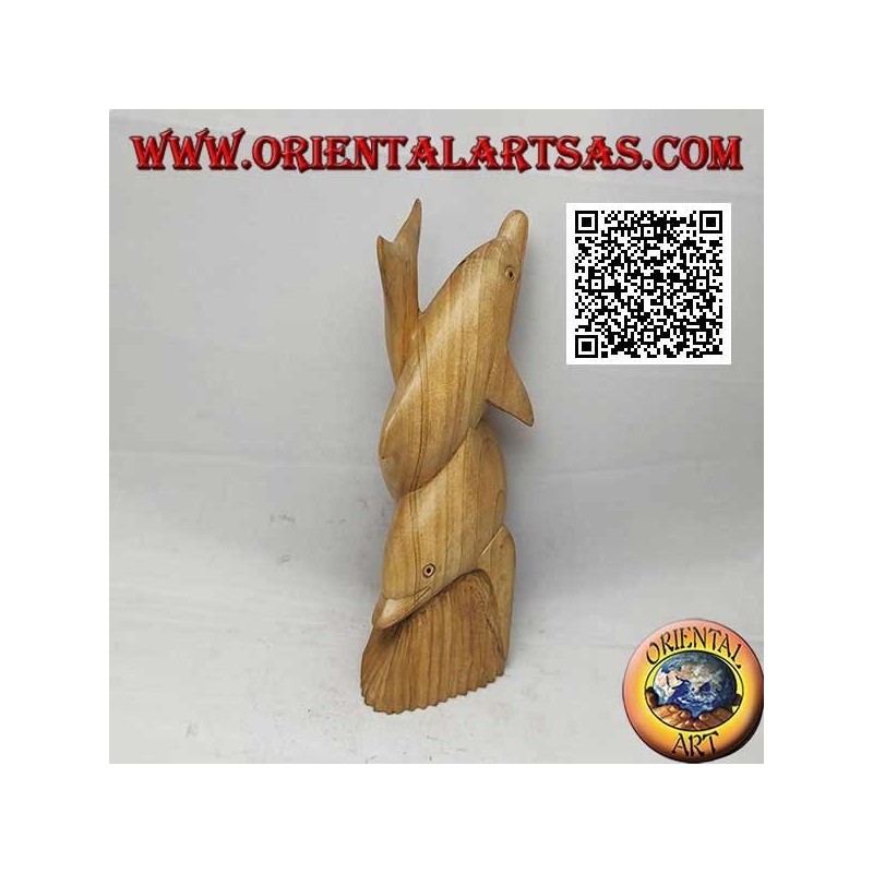Escultura de una pareja de delfines retorcidos sobre un arrecife de madera de hibisco de 19 cm