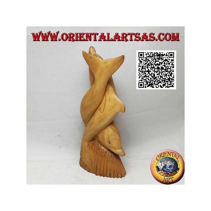 Scultura di una coppia di delfini attorcigliati su una scogliera in legno di ibisco da 19 cm