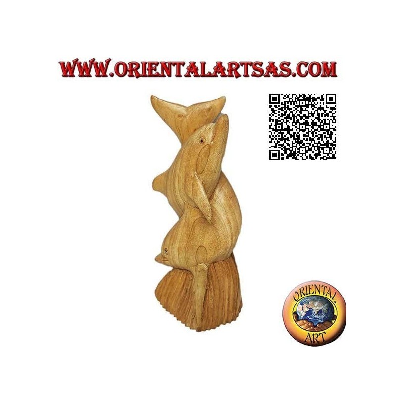 Sculpture of a pair of dolphins twisted on a 19 cm hibiscus wood reef