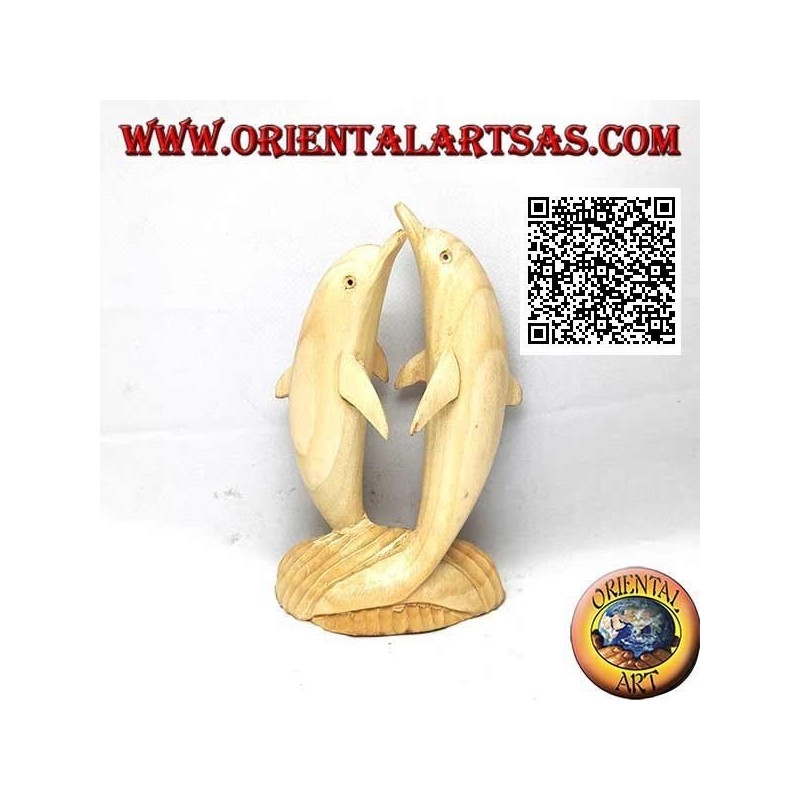 Escultura de madera de hibisco de 16 cm de un par de delfines bailando de pie en el acantilado