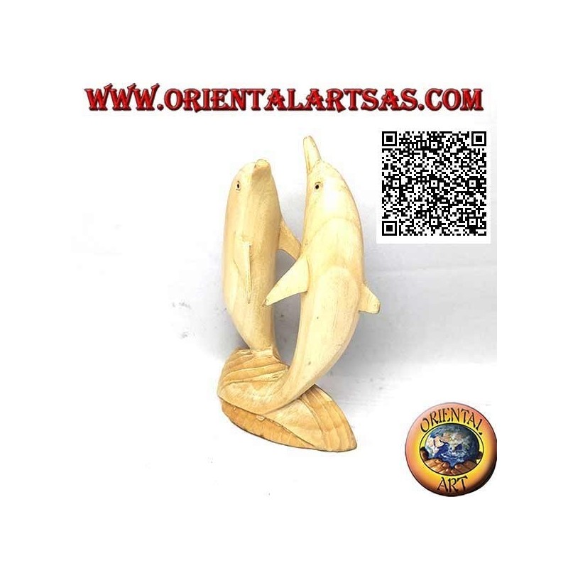 16cm hibiscus wood sculpture of a pair of dancing dolphins standing on the cliff