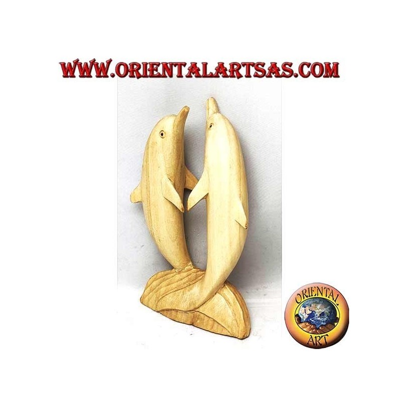 16cm hibiscus wood sculpture of a pair of dancing dolphins standing on the cliff