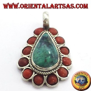 Silber Anhänger mit natürlicher Türkis Teardrop, und Korallen