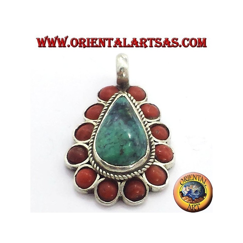pendentif en argent avec turquoise naturel et chute corail